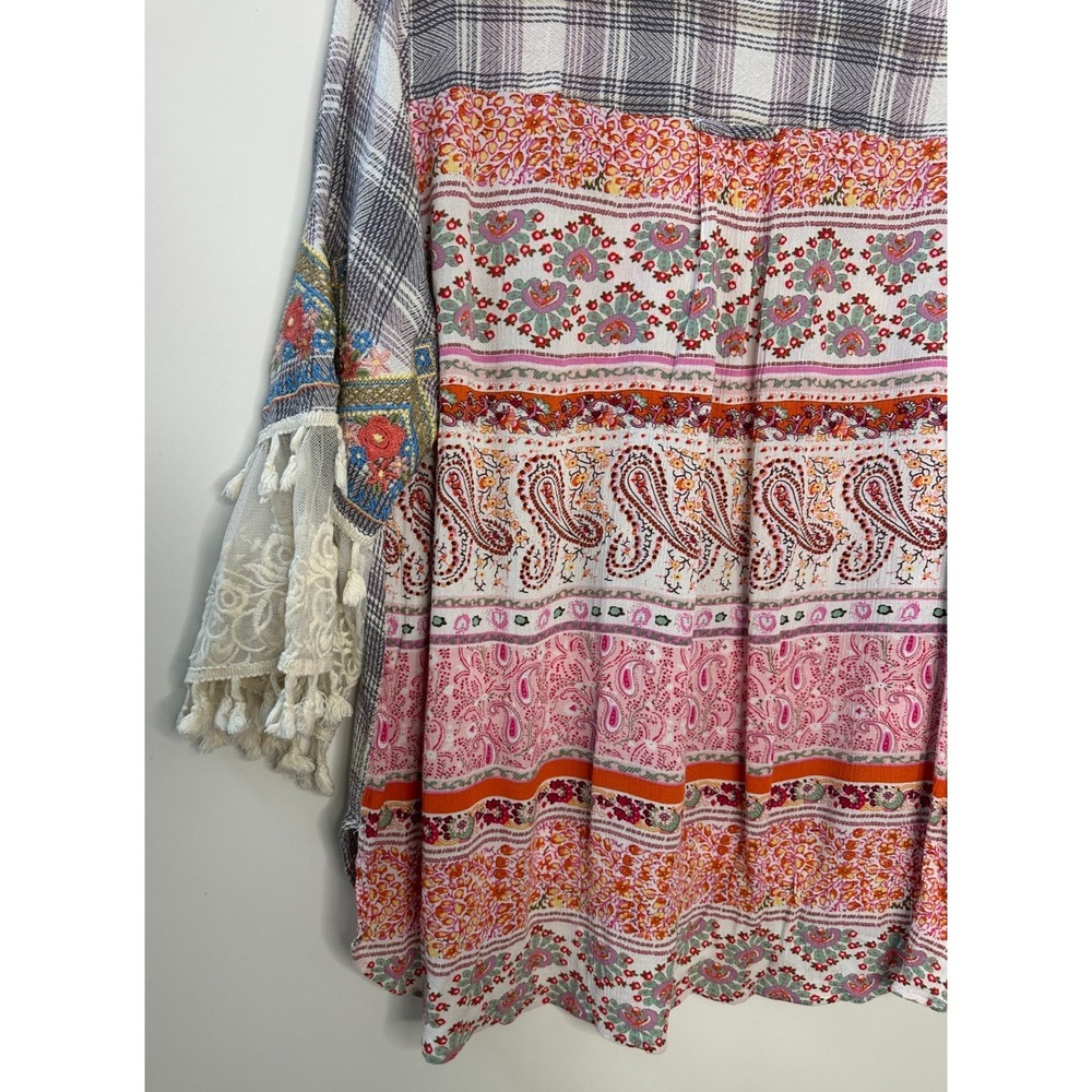 John Mark Boho Embroidered Plaid Tunic Top Lace Tassel Sleeve Blouse Womens XL - Picture 10 of 14